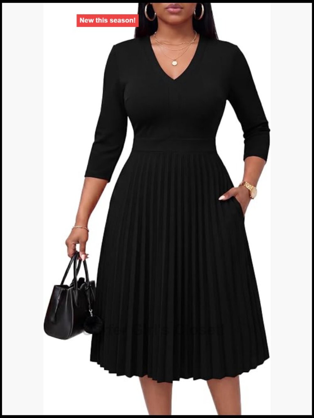 Women's Pleated Midi Dress V-Neck 3/4 Sleeve A-Line Swing Church Work Dress